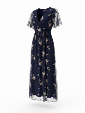 Adrianna Papell Navy Maxi Dress with Pink & Green Floral Embroidery